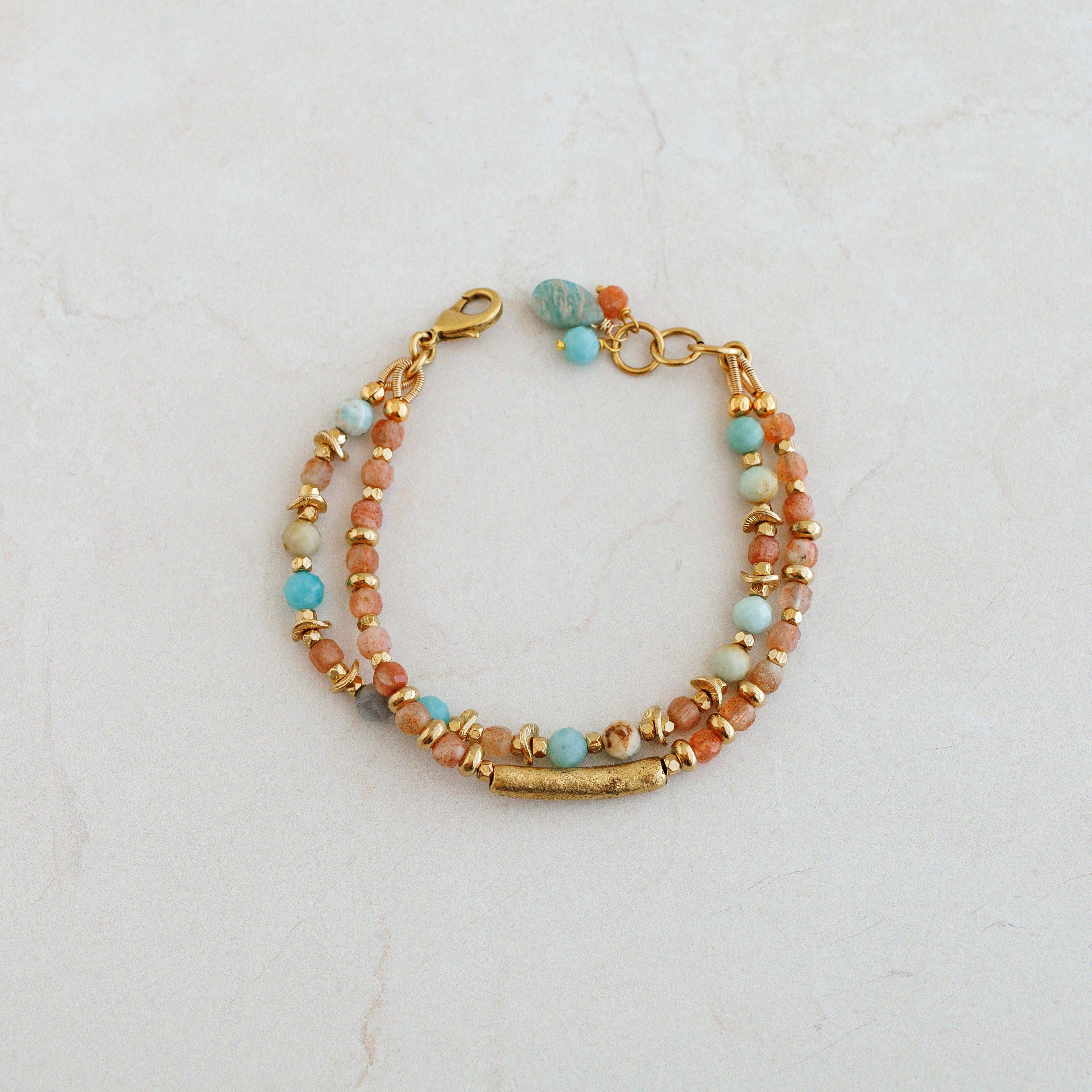 Black Gold Amazonite and Sunstone Double Strand Bracelet