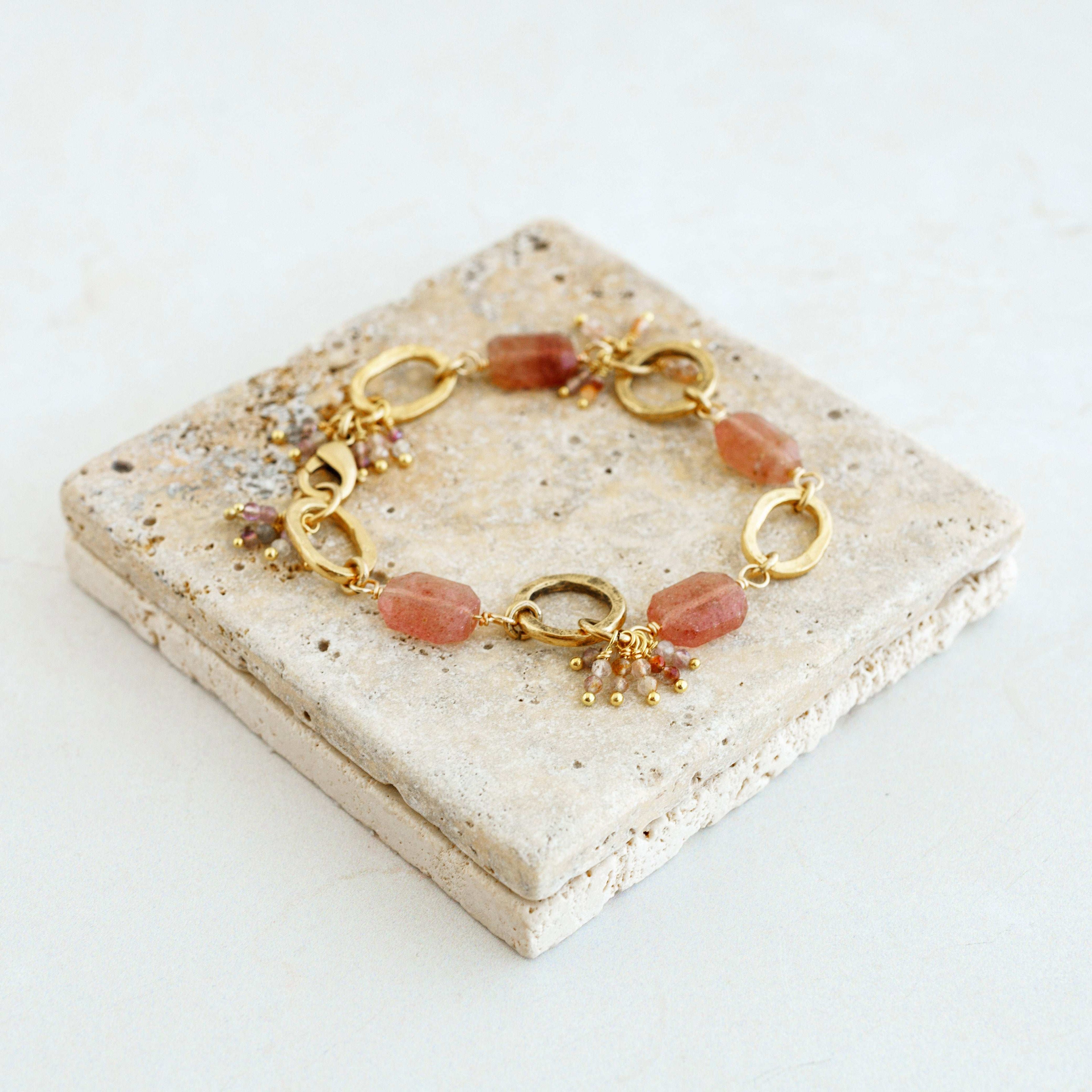 Strawberry Quartz Hammered Gold Bracelet
