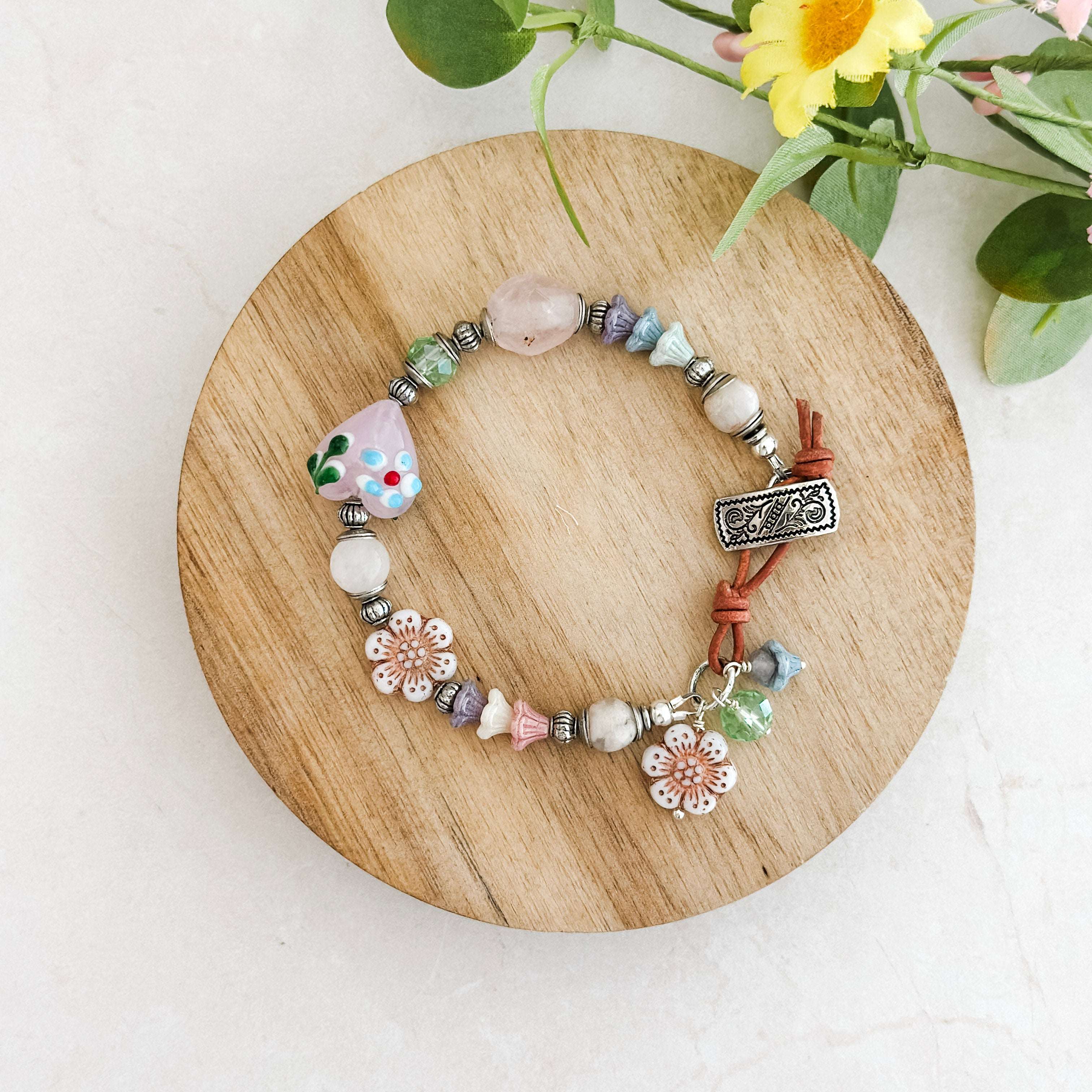 Pink Heart Lampwork Button Bracelet