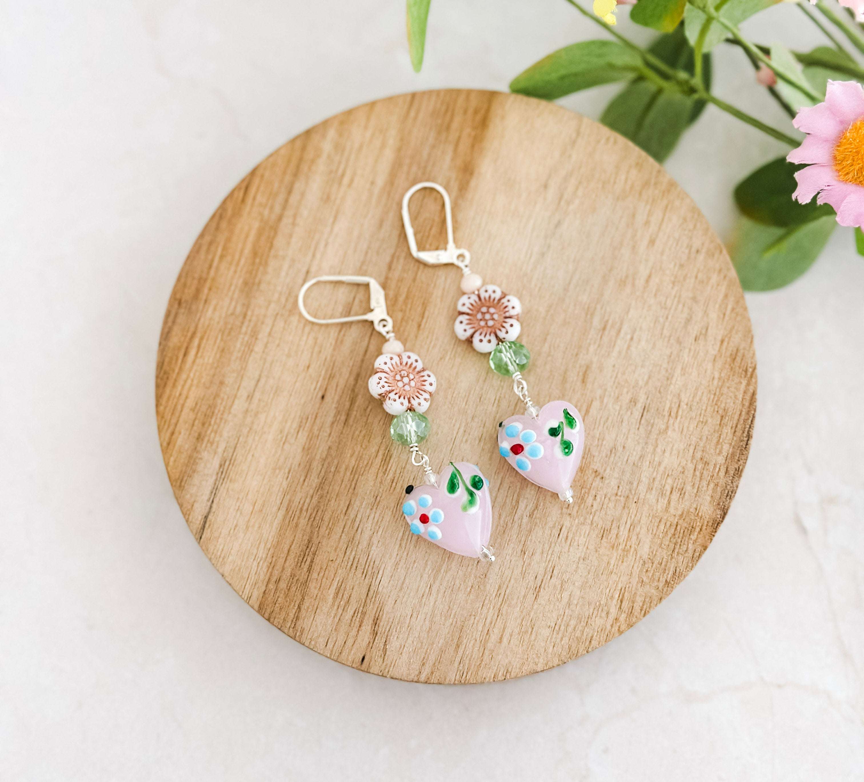 Pink Heart Lamp work Earrings