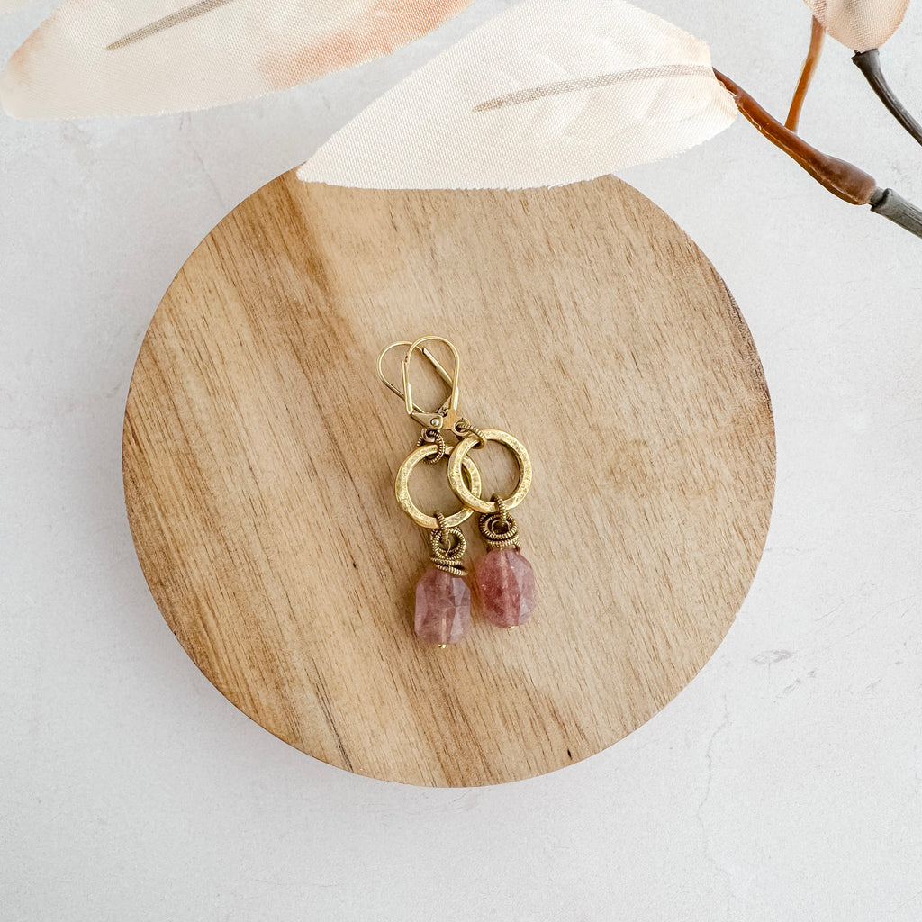 Strawberry Quartz Hammered Circle Earrings