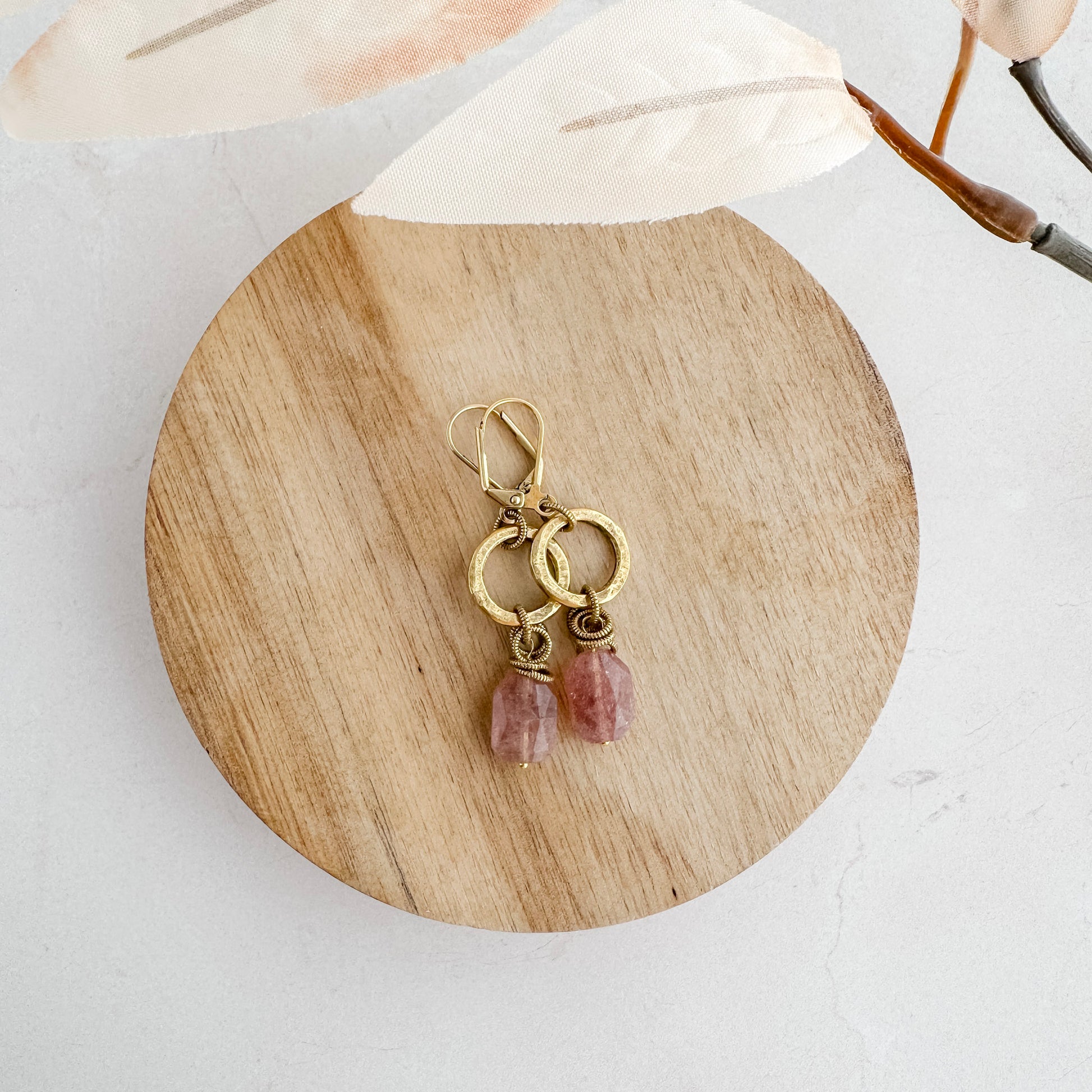Strawberry Quartz Hammered Circle Earrings