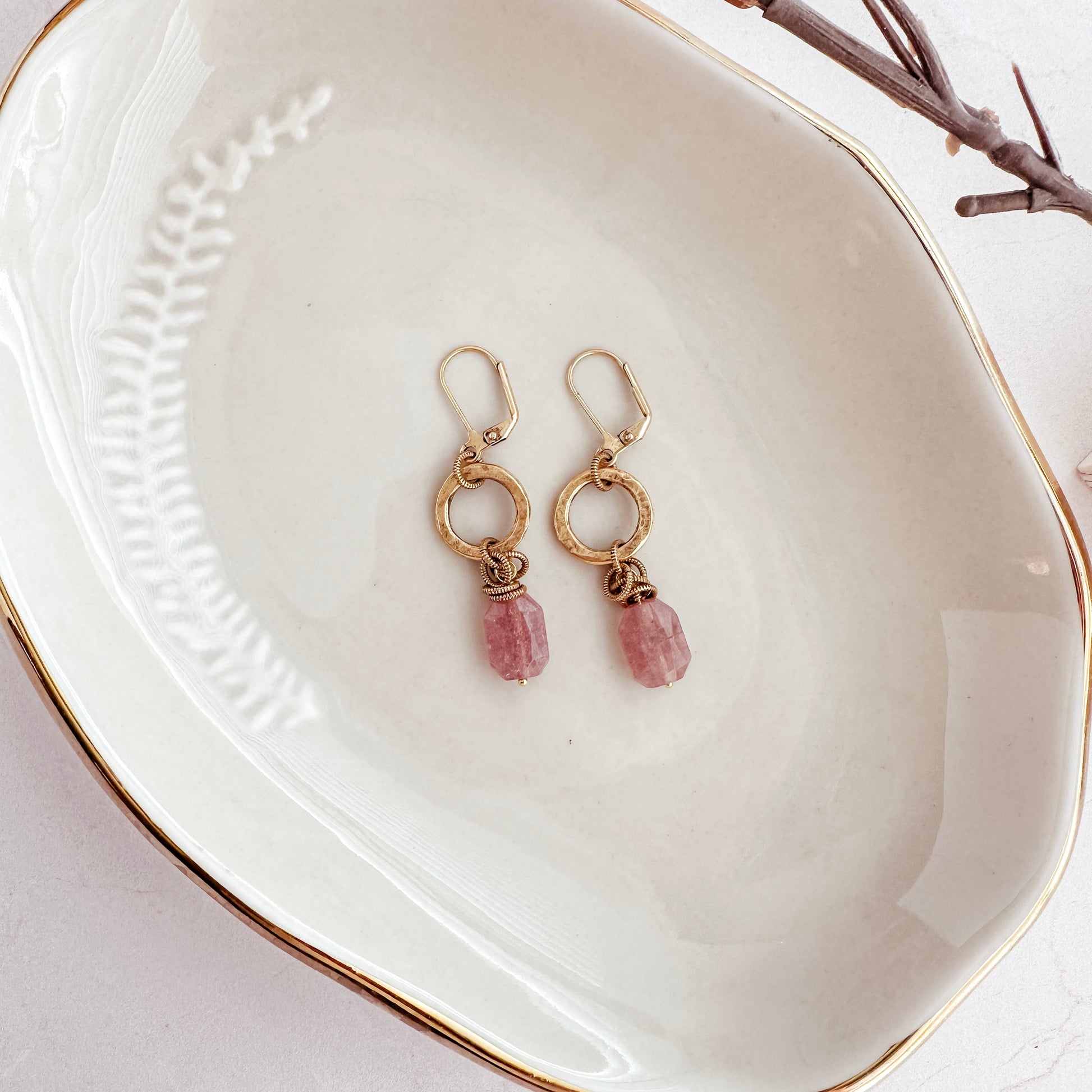 Strawberry Quartz Hammered Circle Earrings