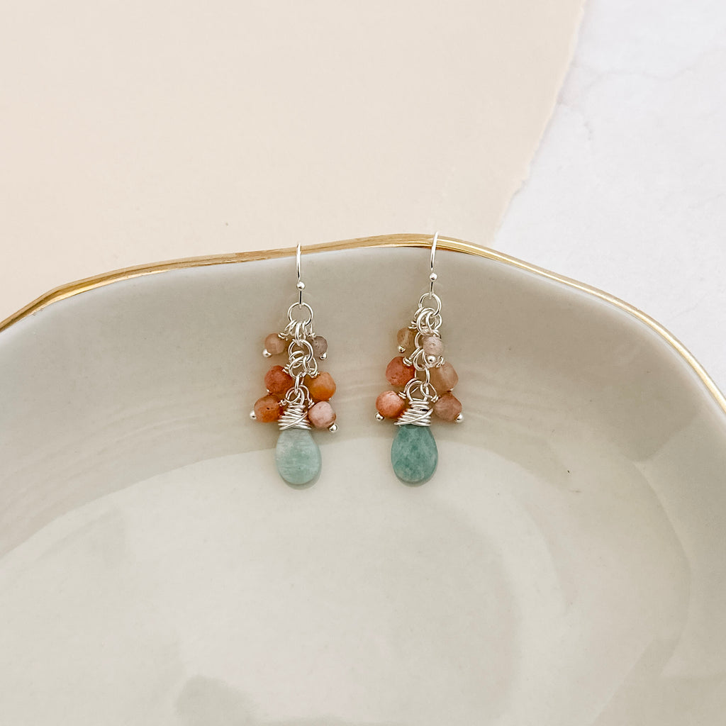 Amazonite and Sunstone Cluster Earrings
