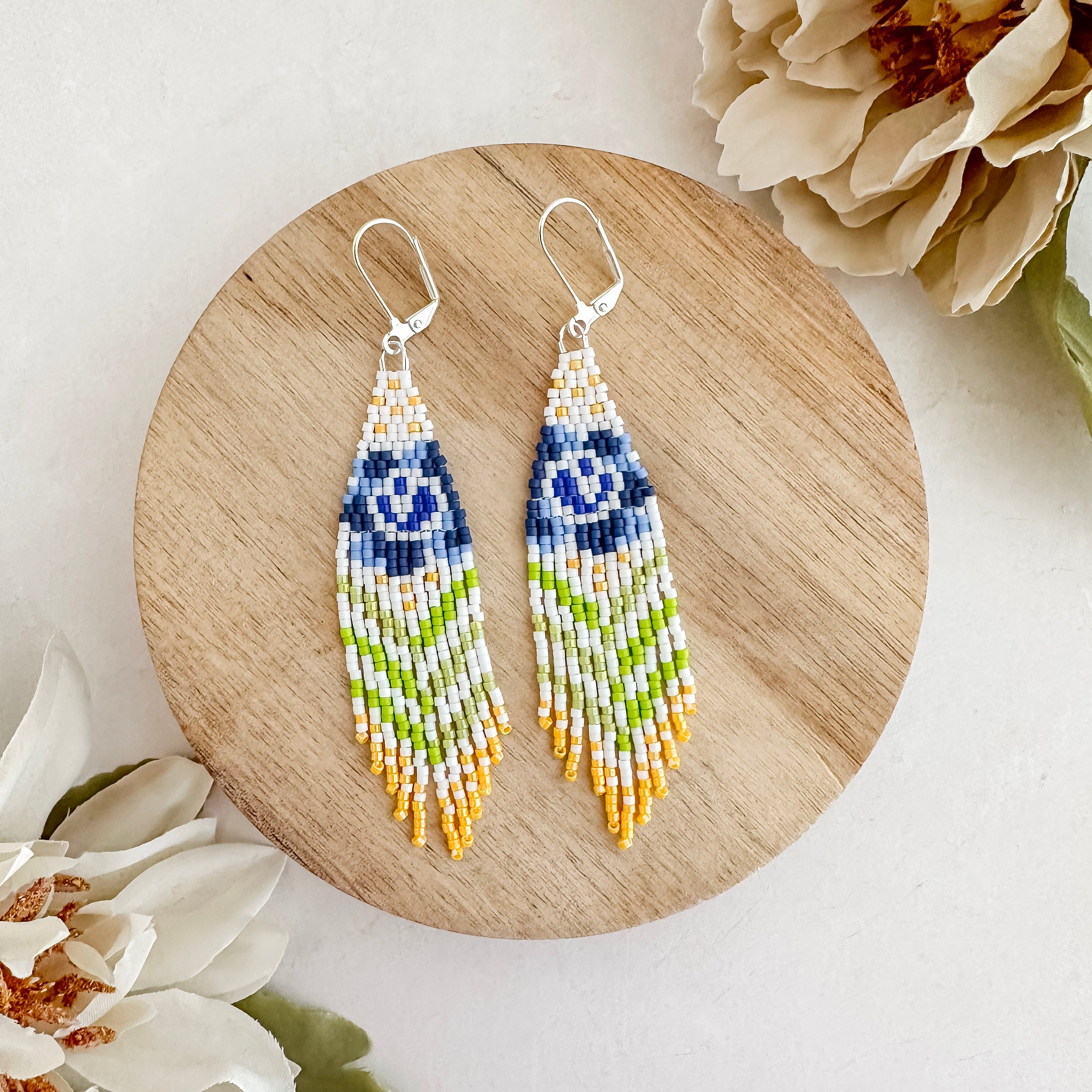 Miyuki Blue Pansy Beaded Fringe Earrings