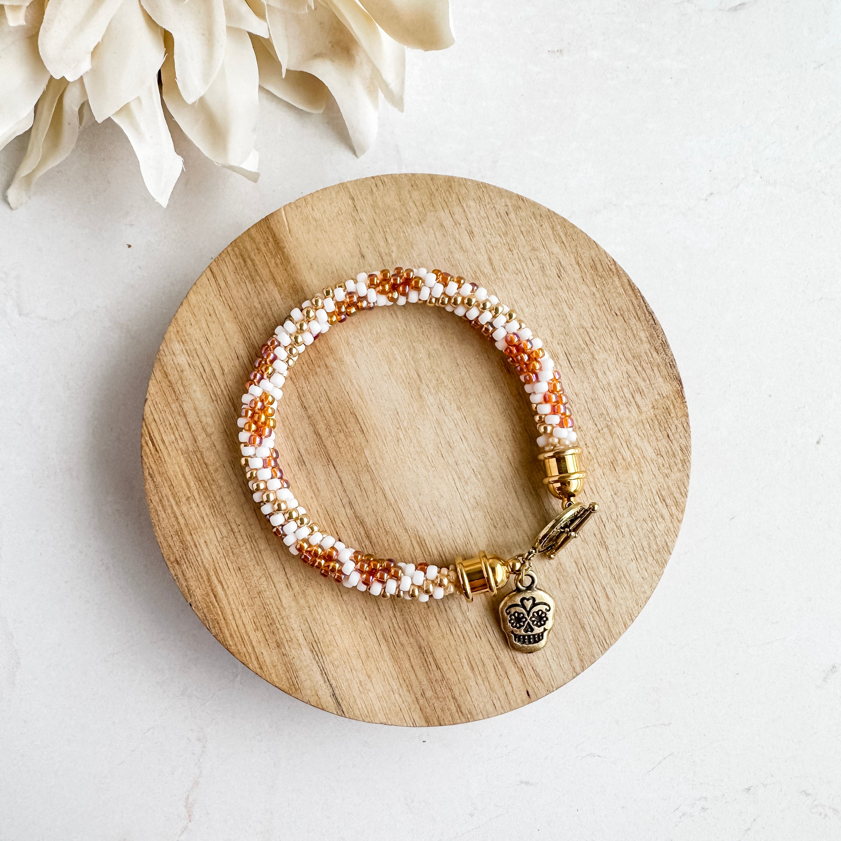 Orange and White Sugar Skull Kumihimo Bracelet