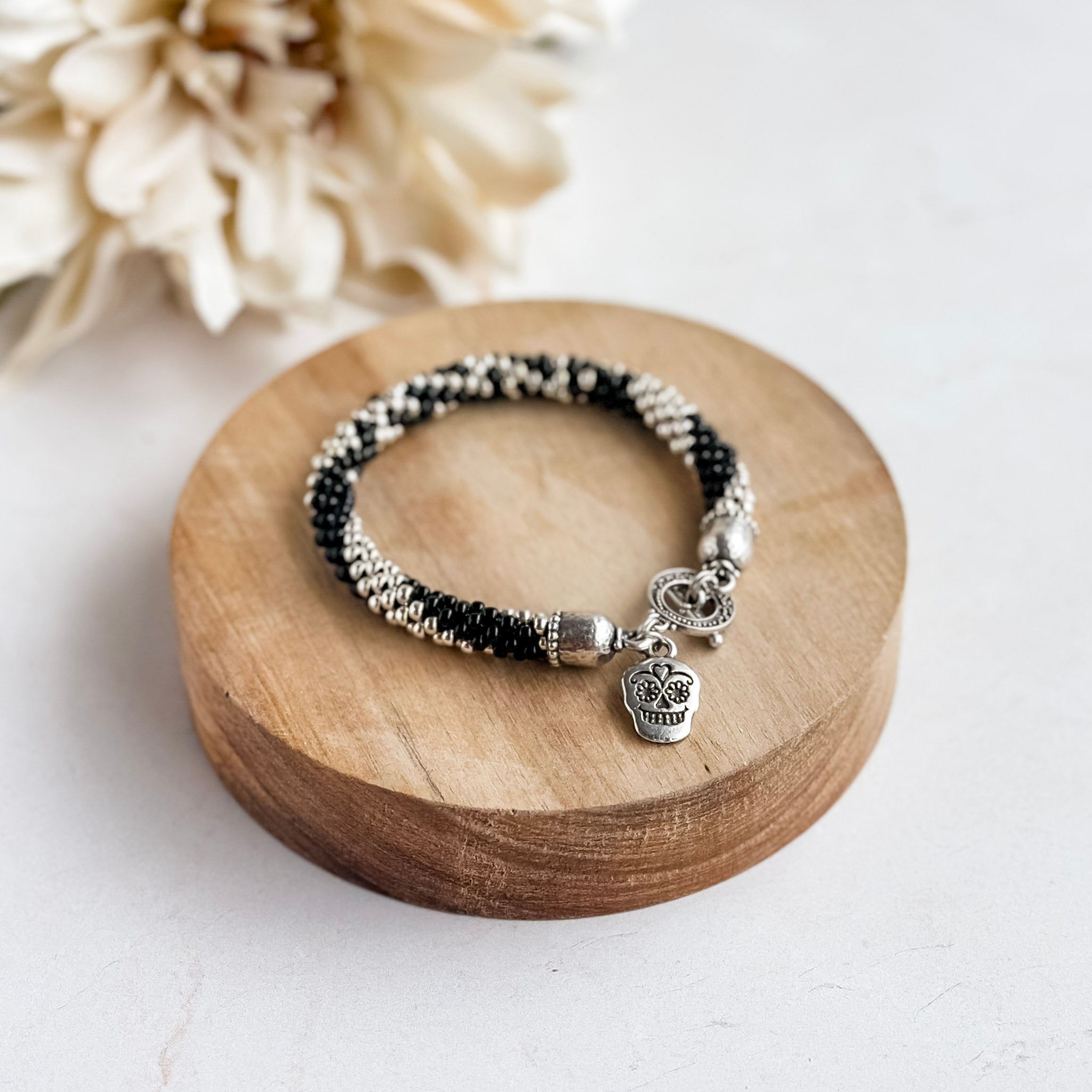 Black & Silver Sugar Skull Kumihimo Bracelet