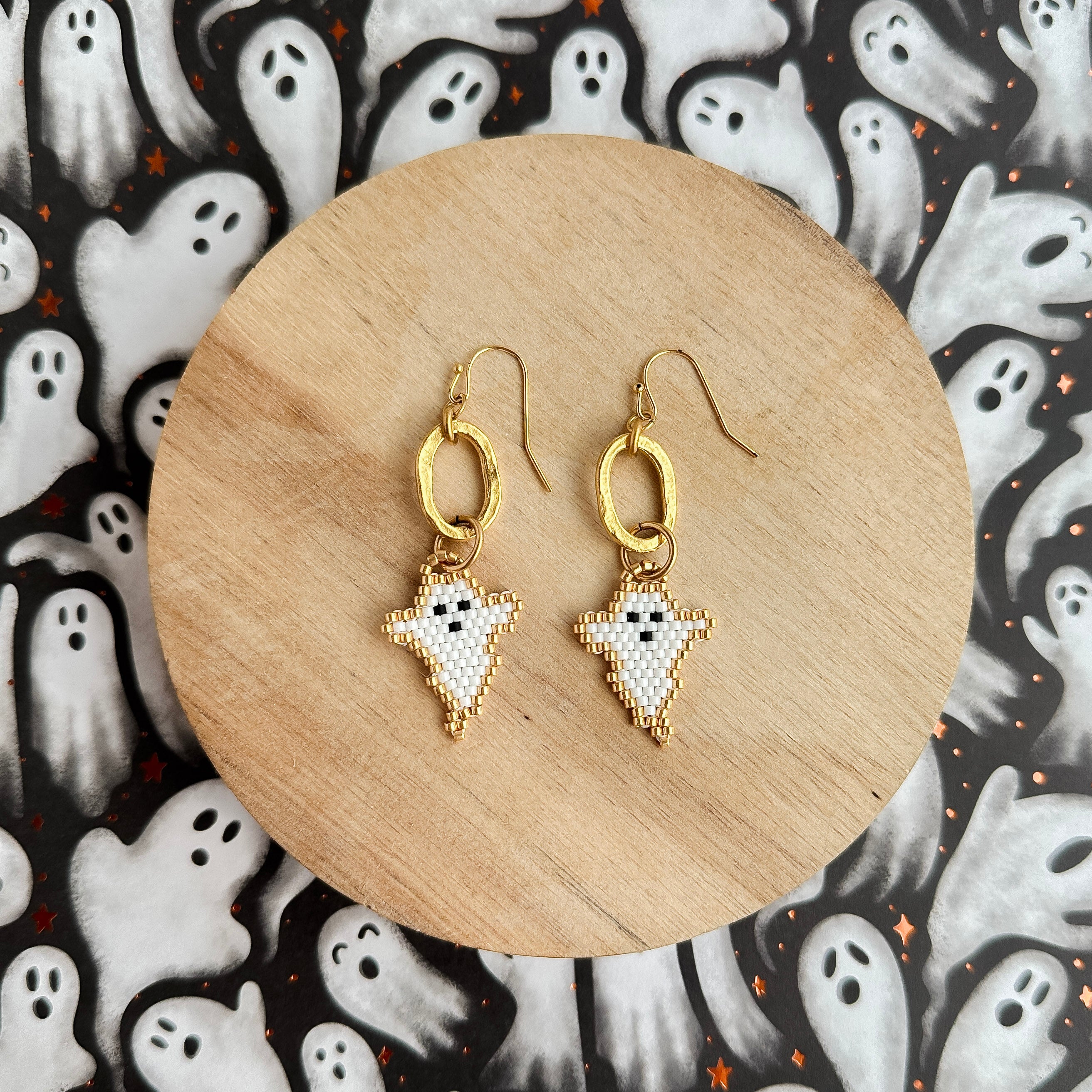 Cute White & Gold Halloween Ghost Charm Earrings