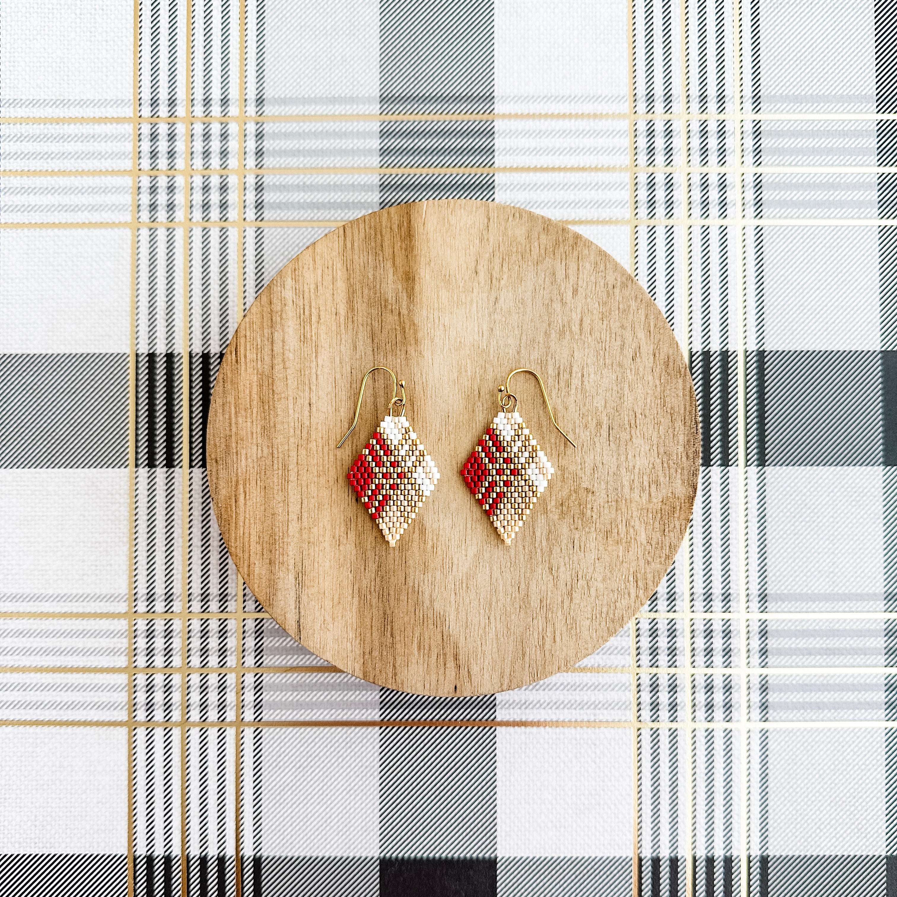 Red and Gold Plaid Diamond Earrings