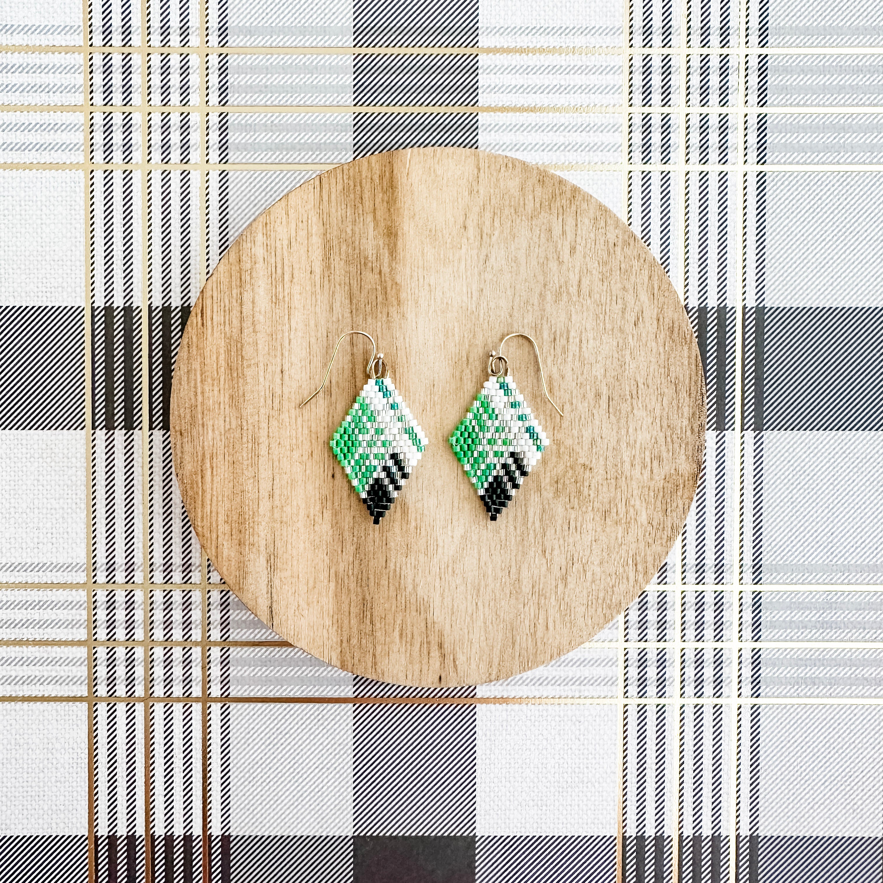 Green and White Plaid Diamond Earrings