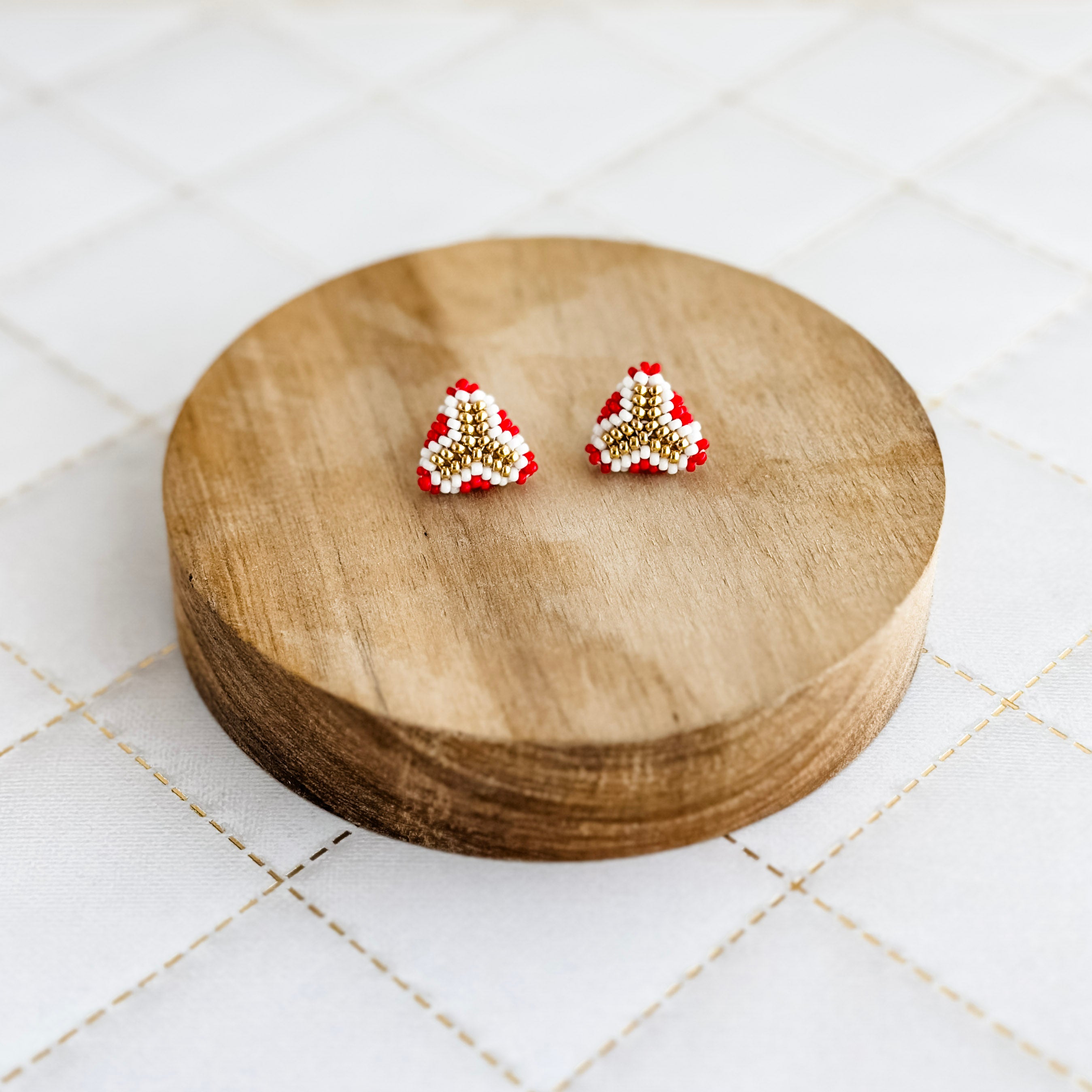 White and Red Peyote Puff Earrings