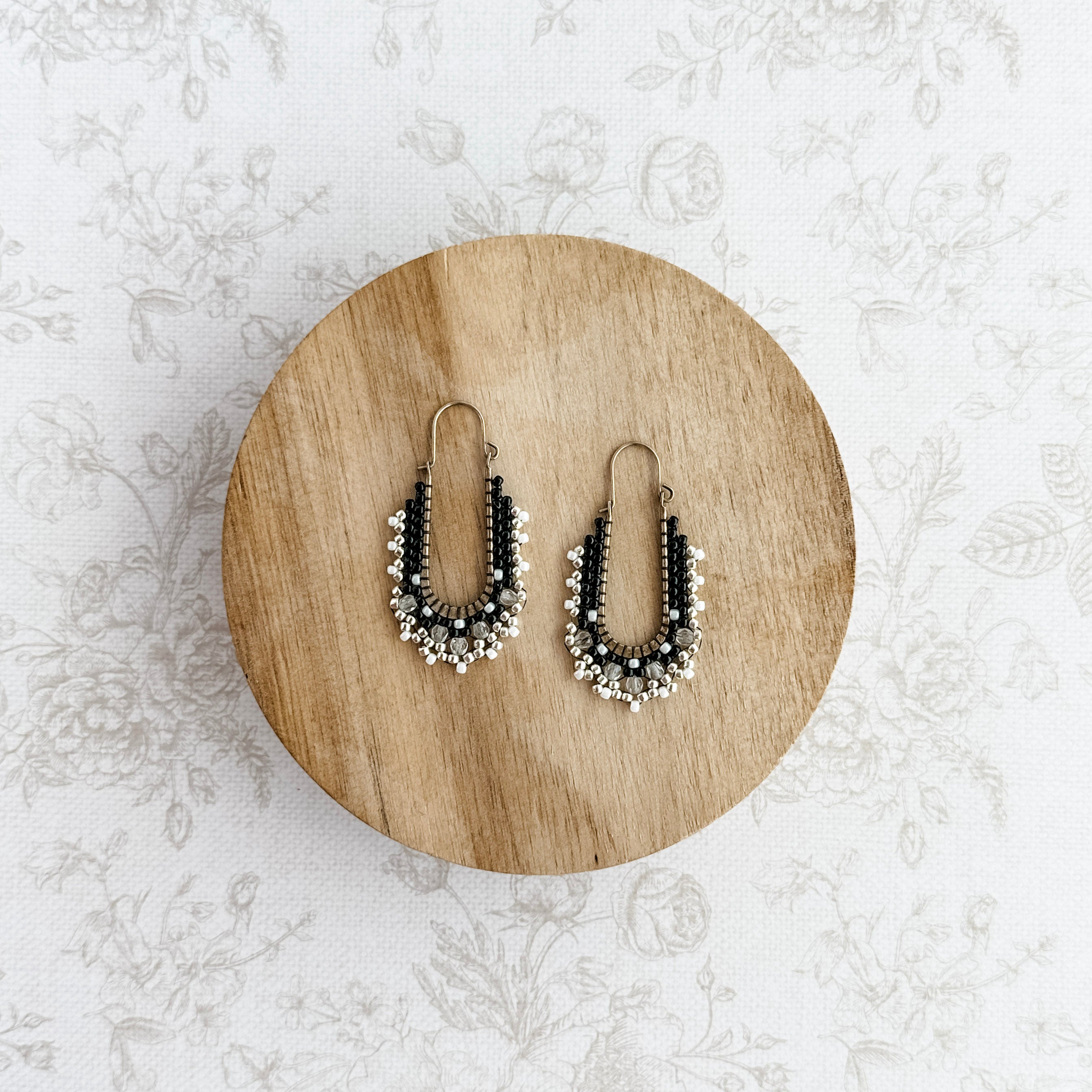 Black Crystal Filigree Drop Hoop Beaded Earrings