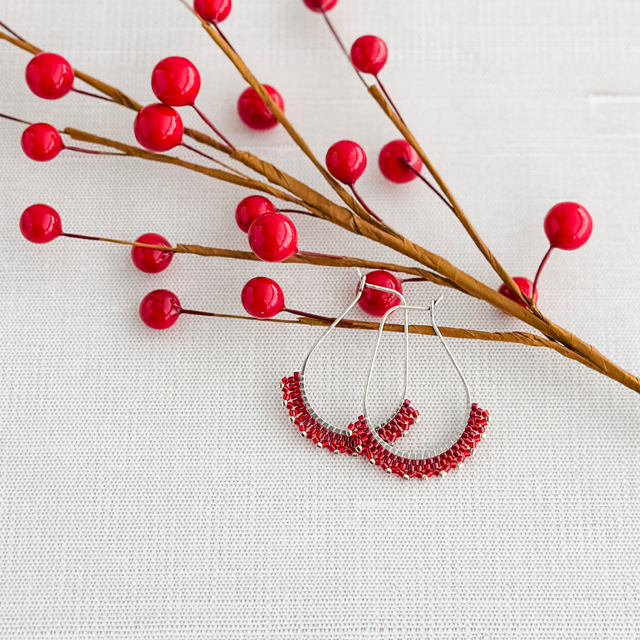 Silver and Red Holiday Lace Earrings