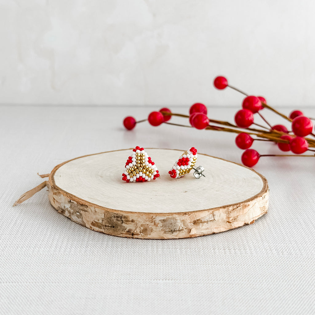 White and Red Peyote Puff Earrings