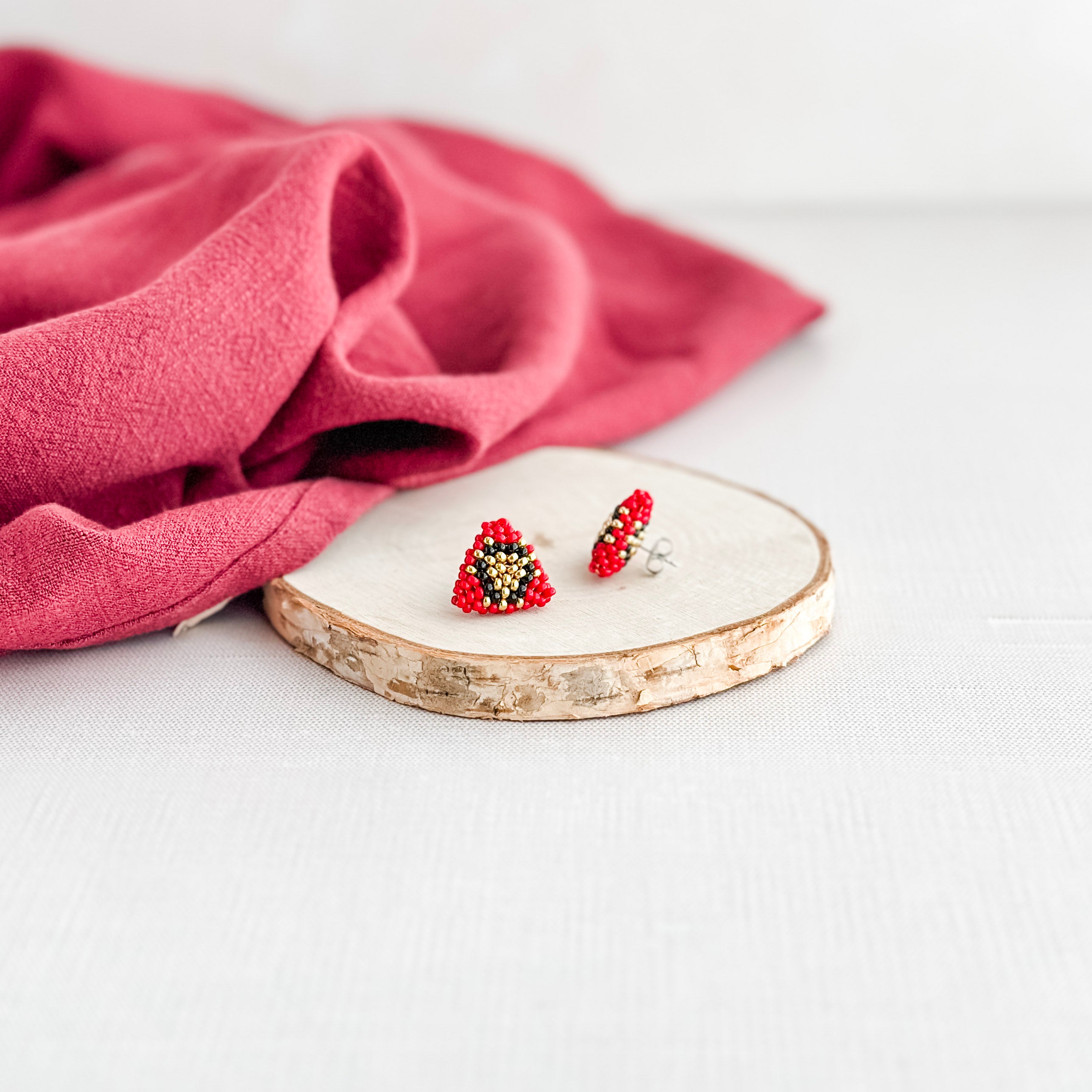 Red Peyote Puff Earrings