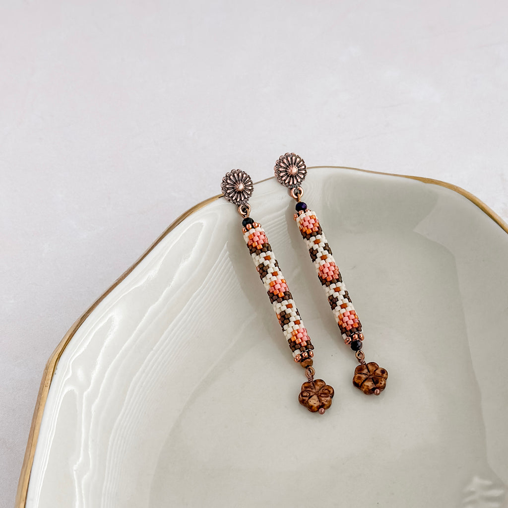 Peyote Copper Floral Dangle Earrings