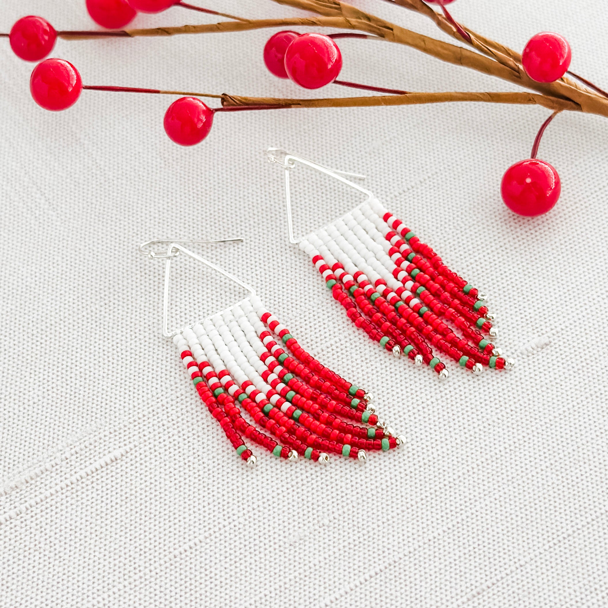 Festive Red and White Fringe Earrings