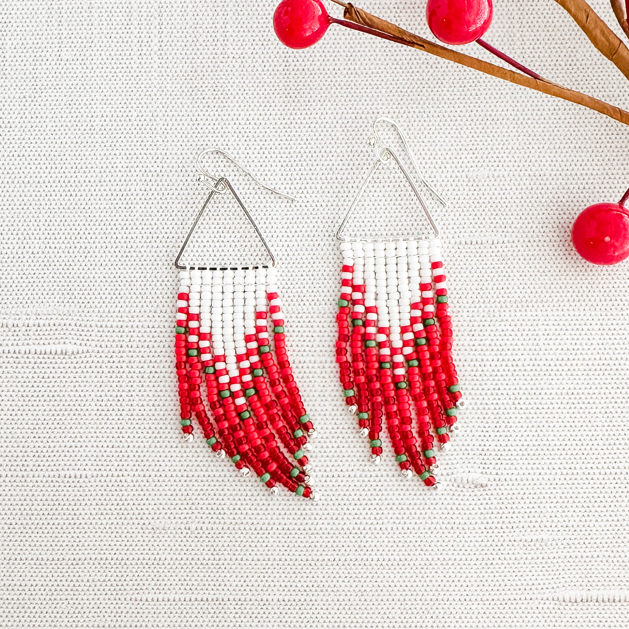 Festive Red and White Fringe Earrings