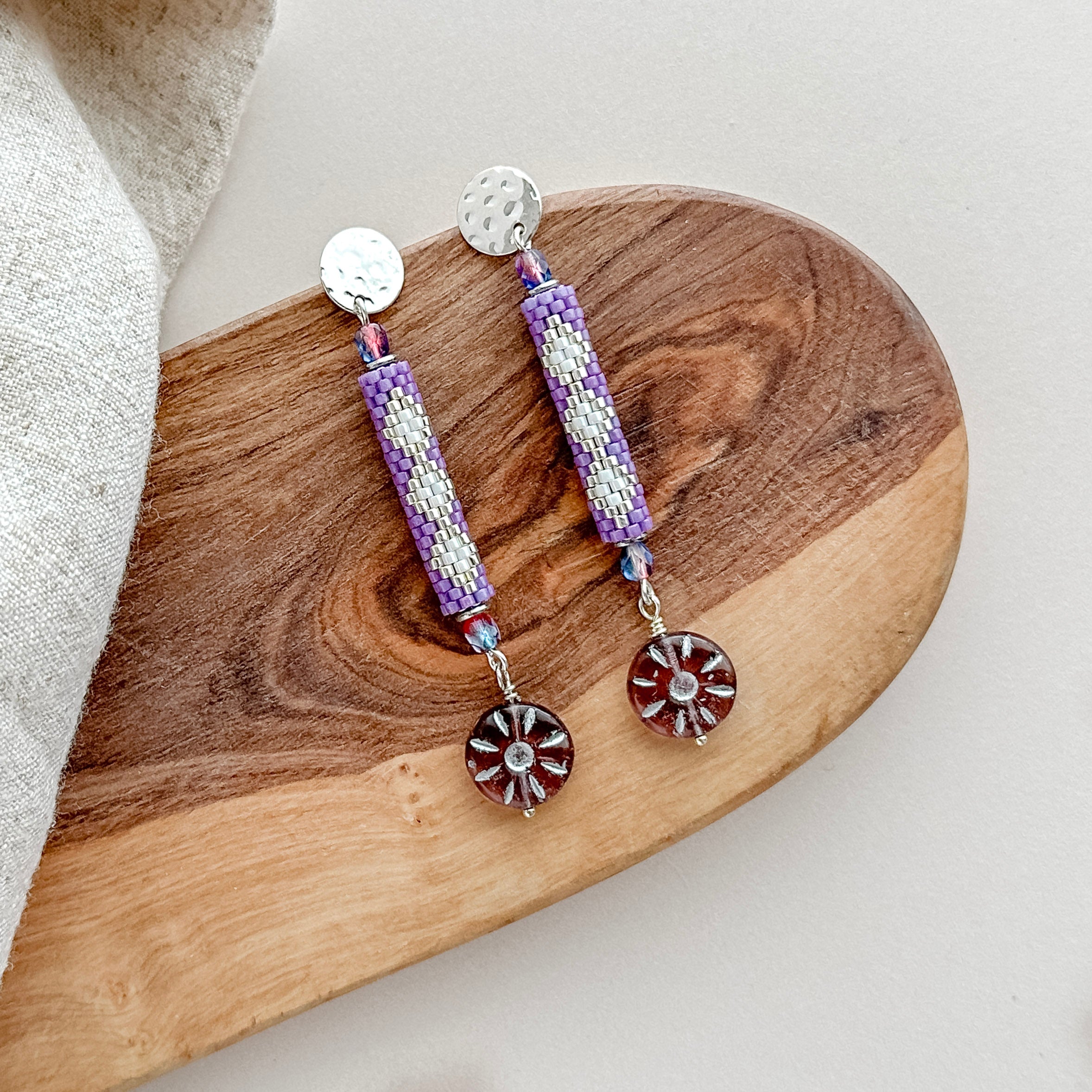 Peyote Purple Floral Dangle Earrings