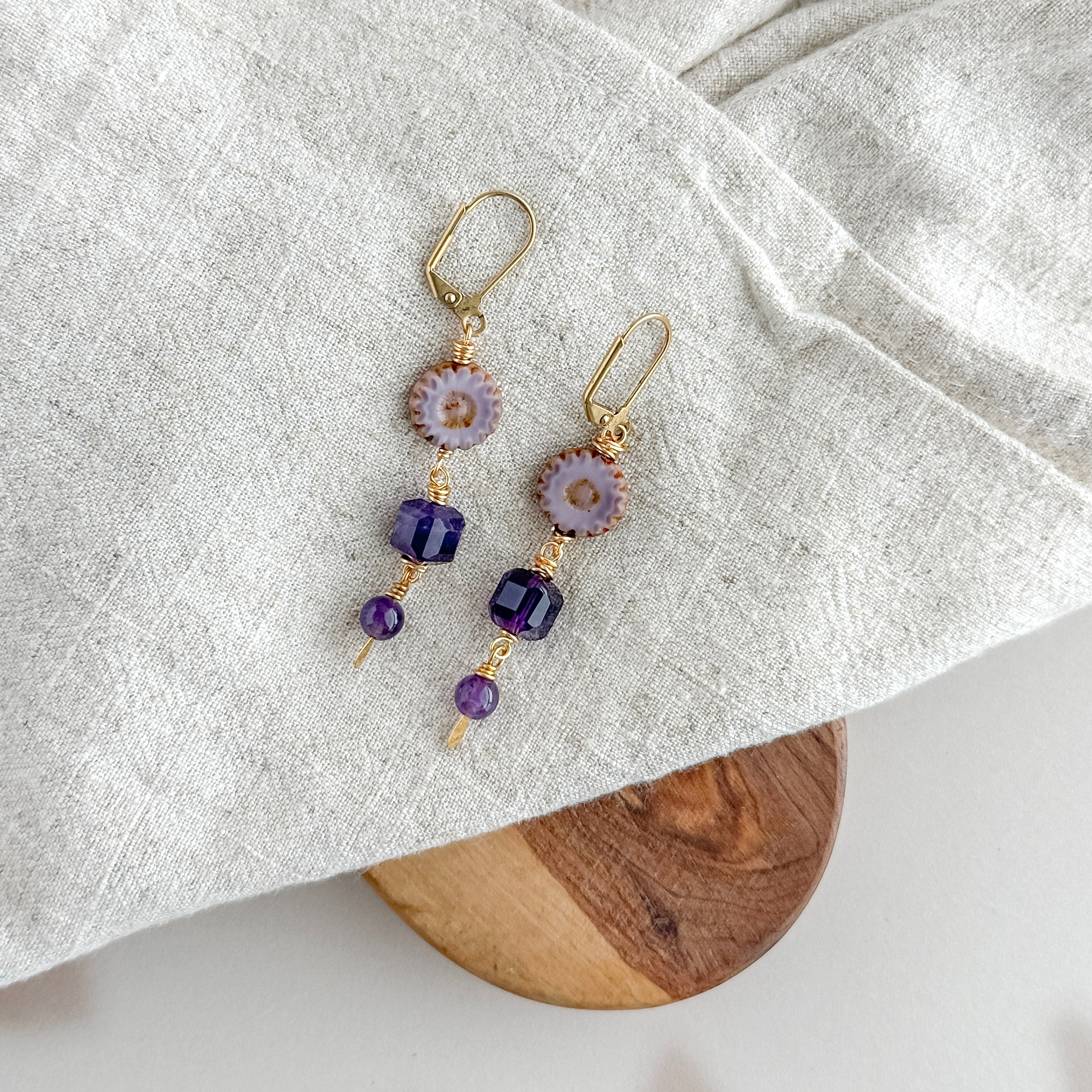Purple Flower Fluorite Drop Earrings