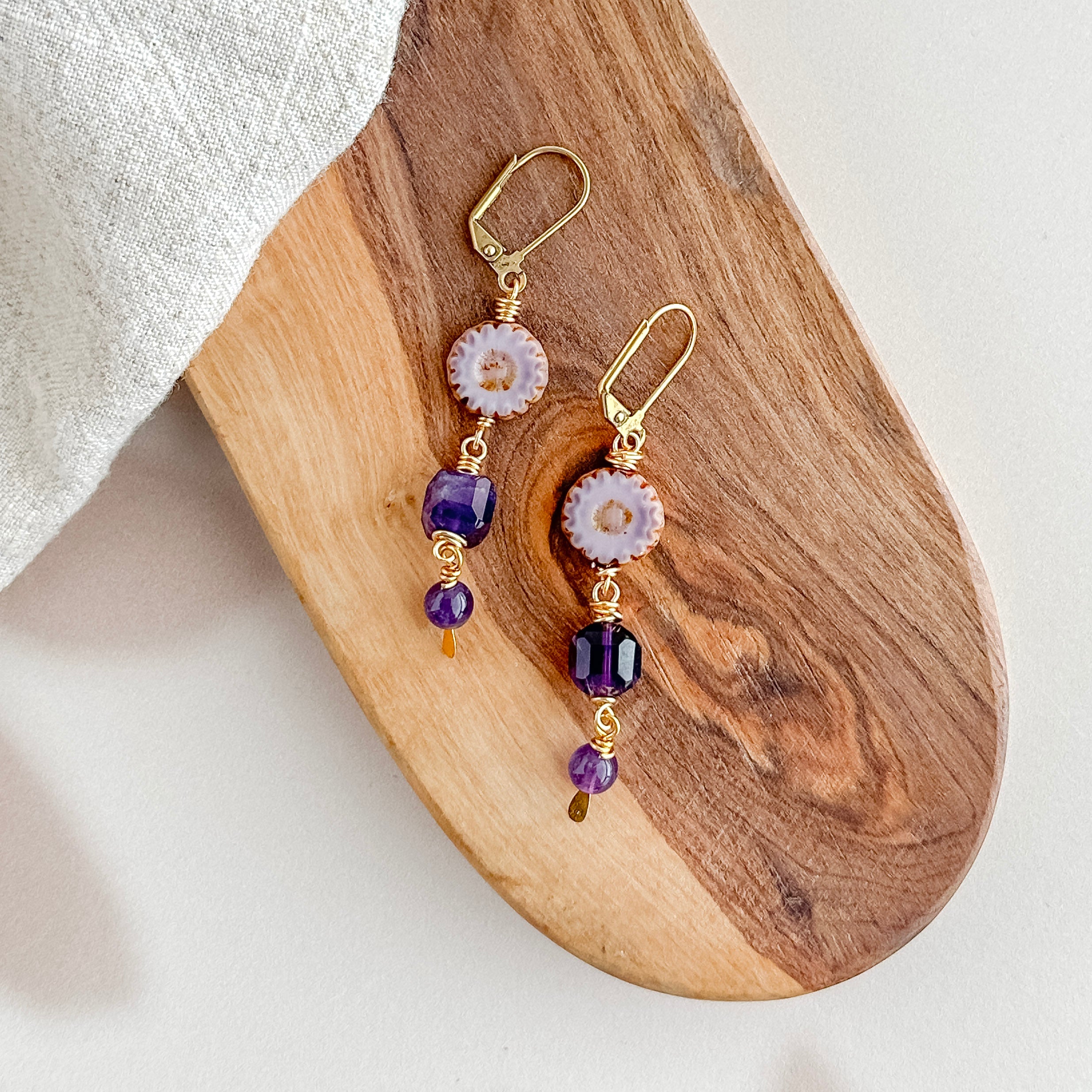 Purple Flower Fluorite Drop Earrings