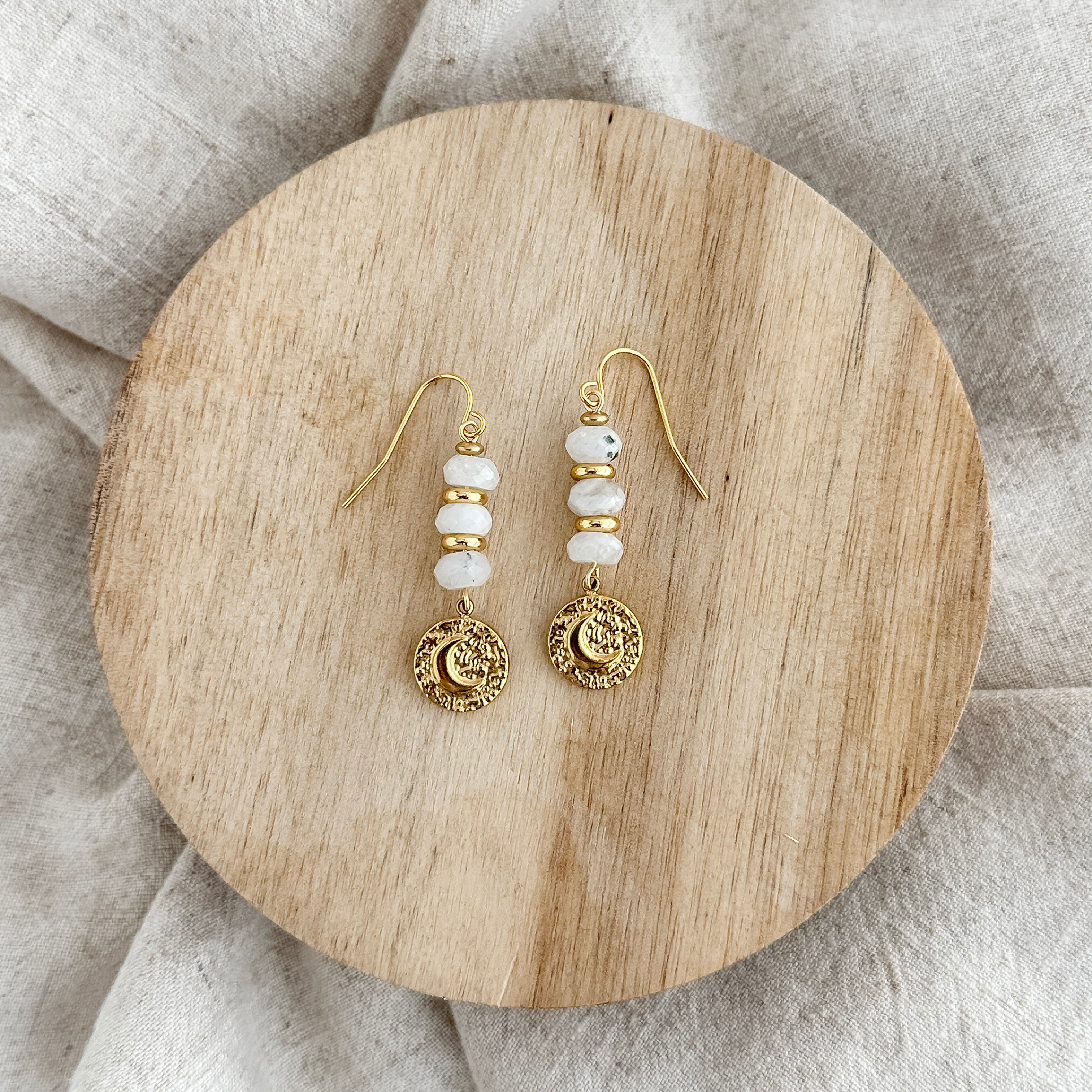 Gold Moon Moonstone Dangle Earrings