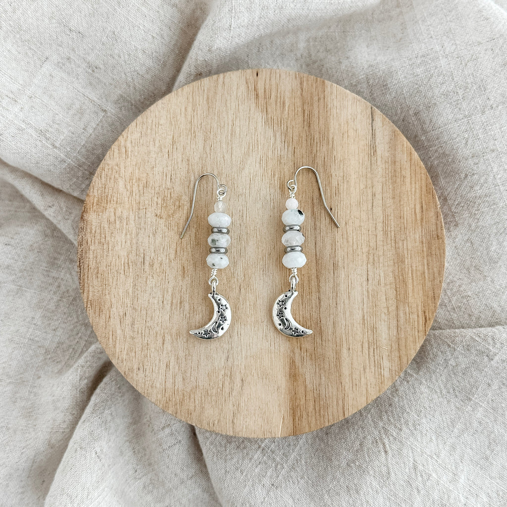 Silver Crescent Moonstone Earrings