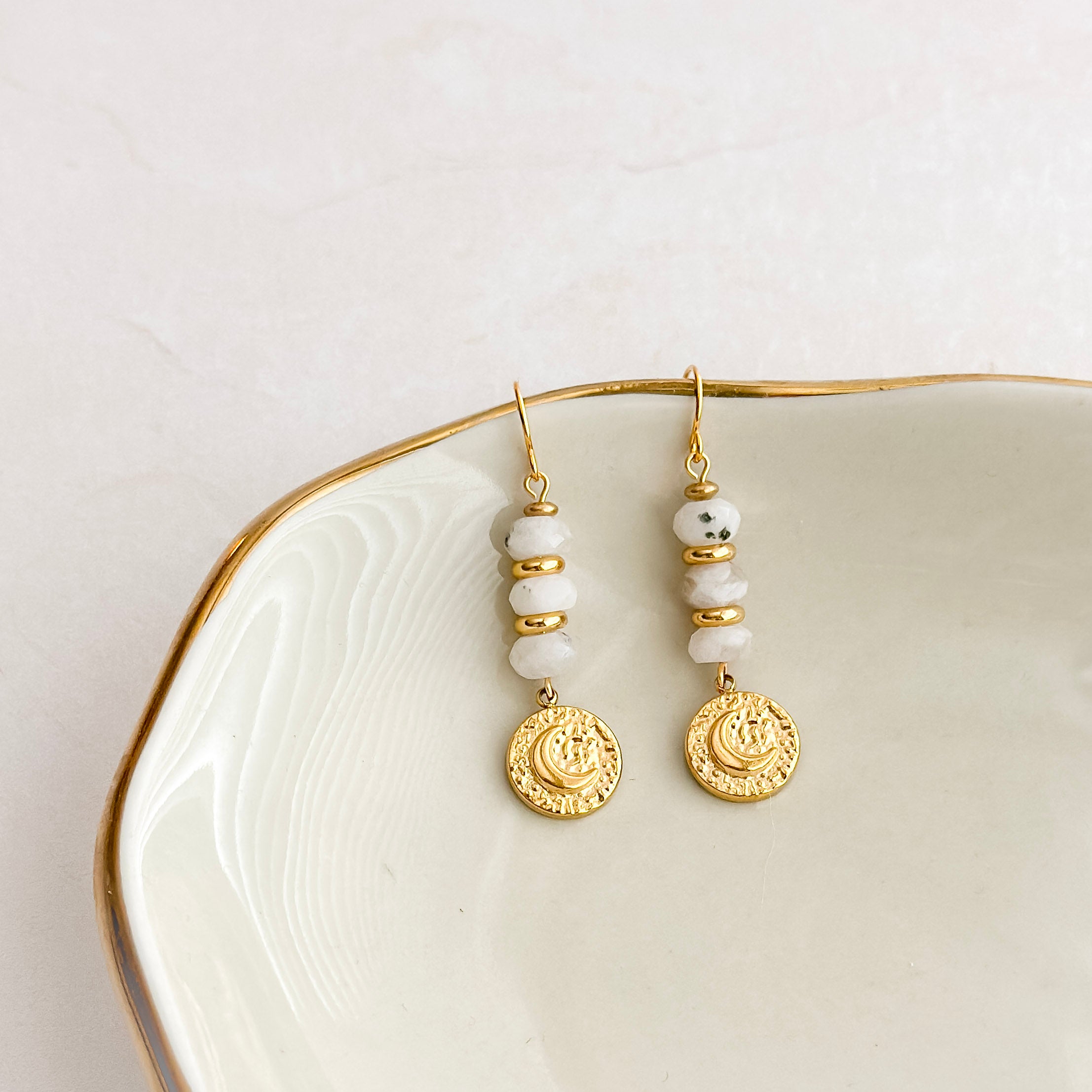 Gold Moon Moonstone Dangle Earrings