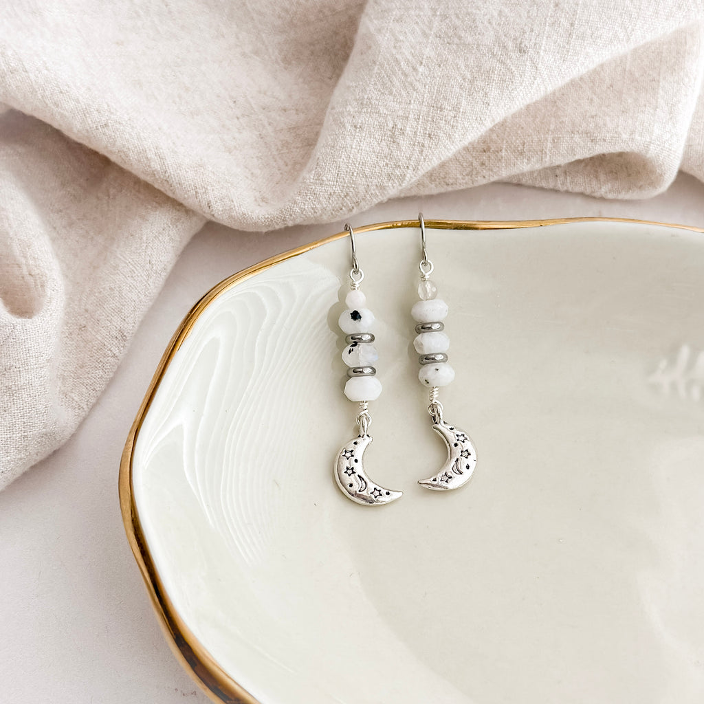 Silver Crescent Moonstone Earrings