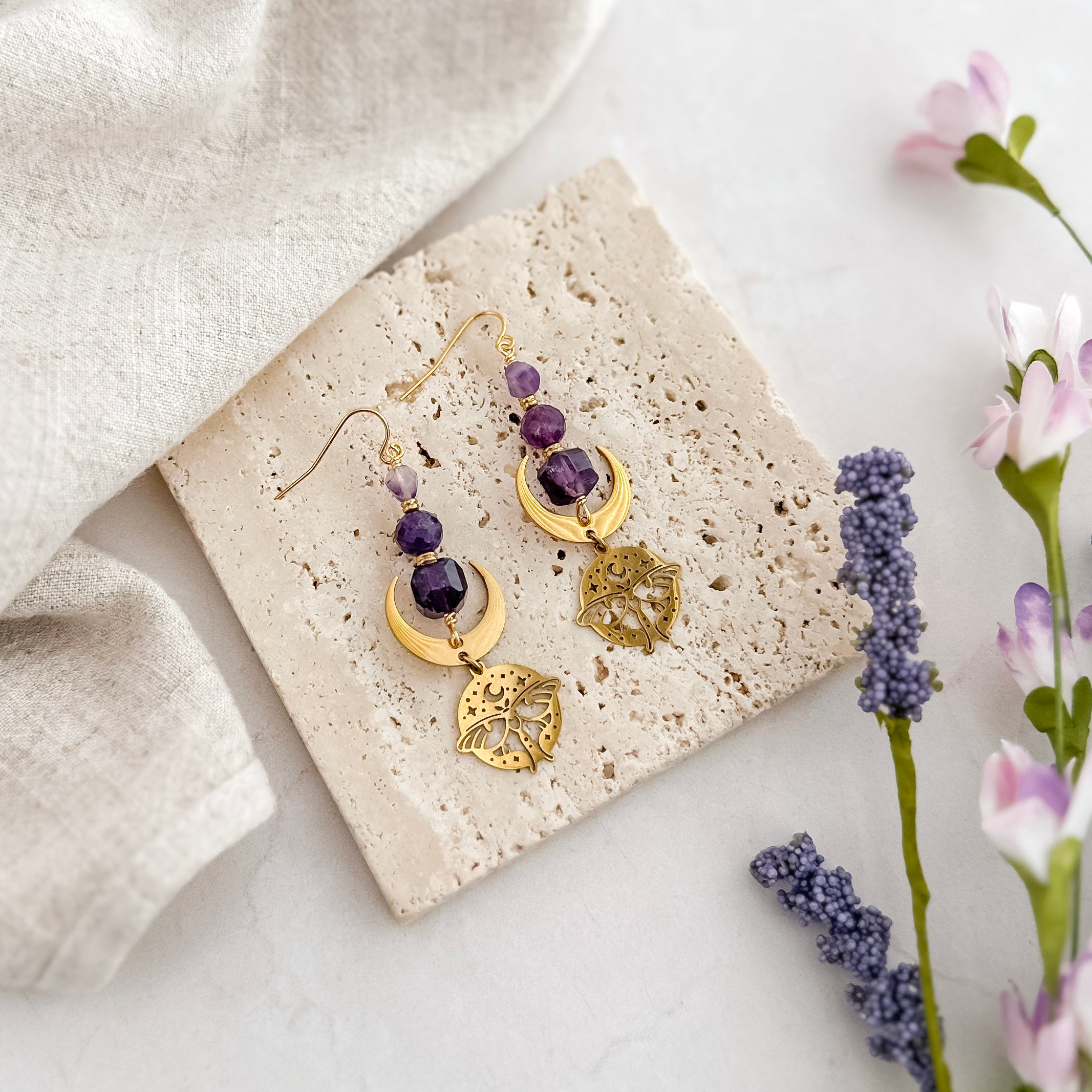 Amethyst Luna Moth Earrings