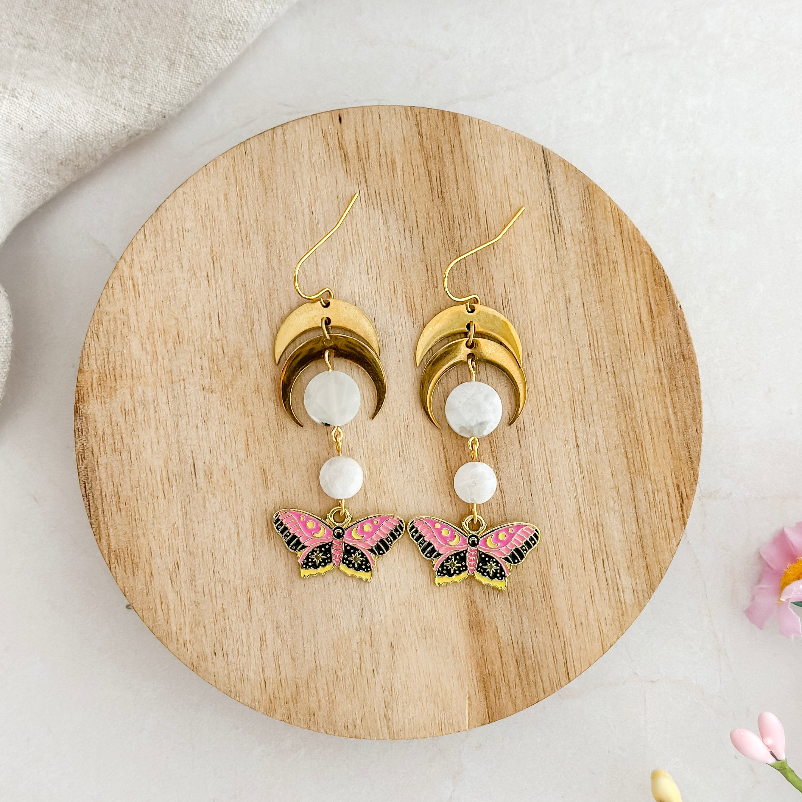 Pink Butterfly Moonstone Earrings