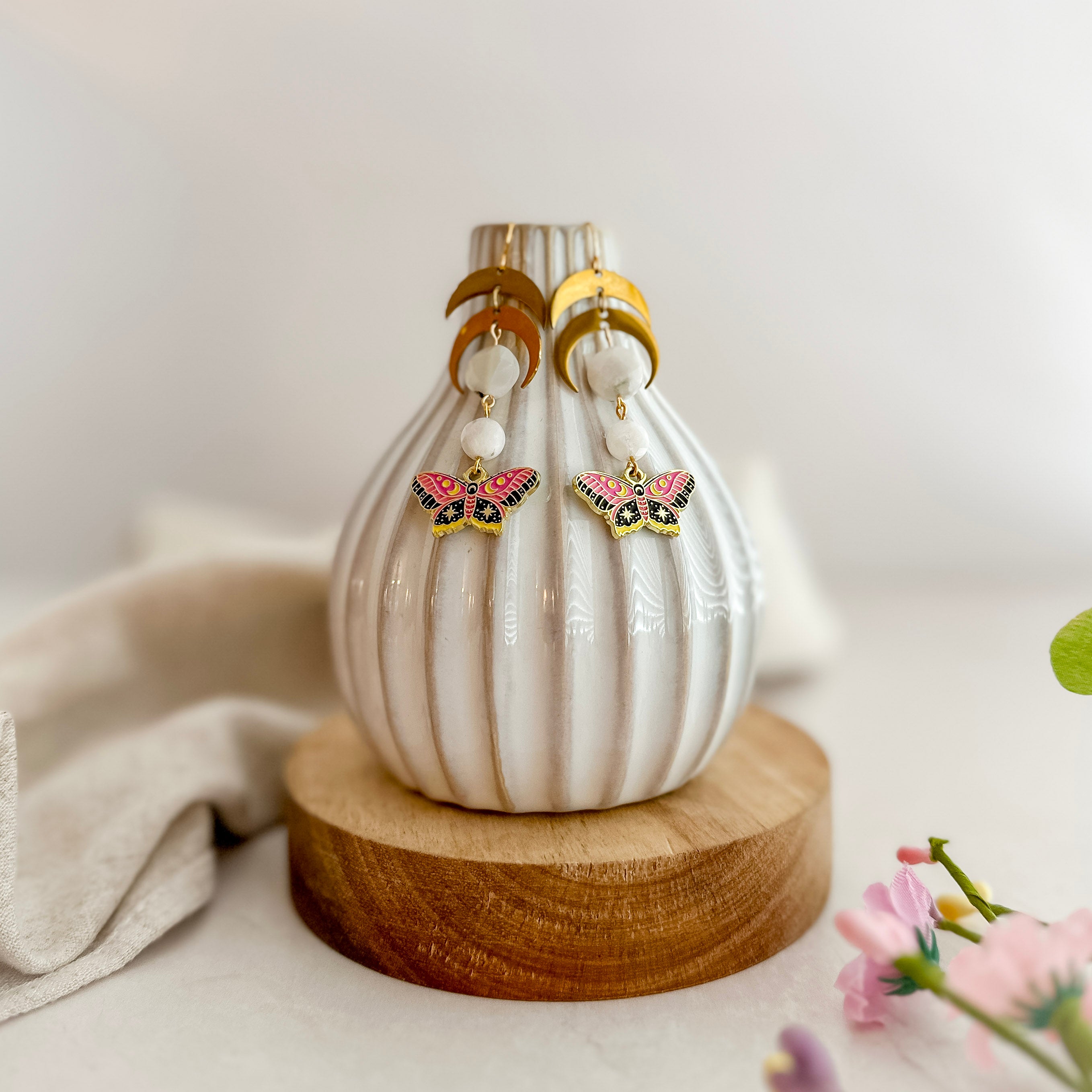 Pink Butterfly Moonstone Earrings