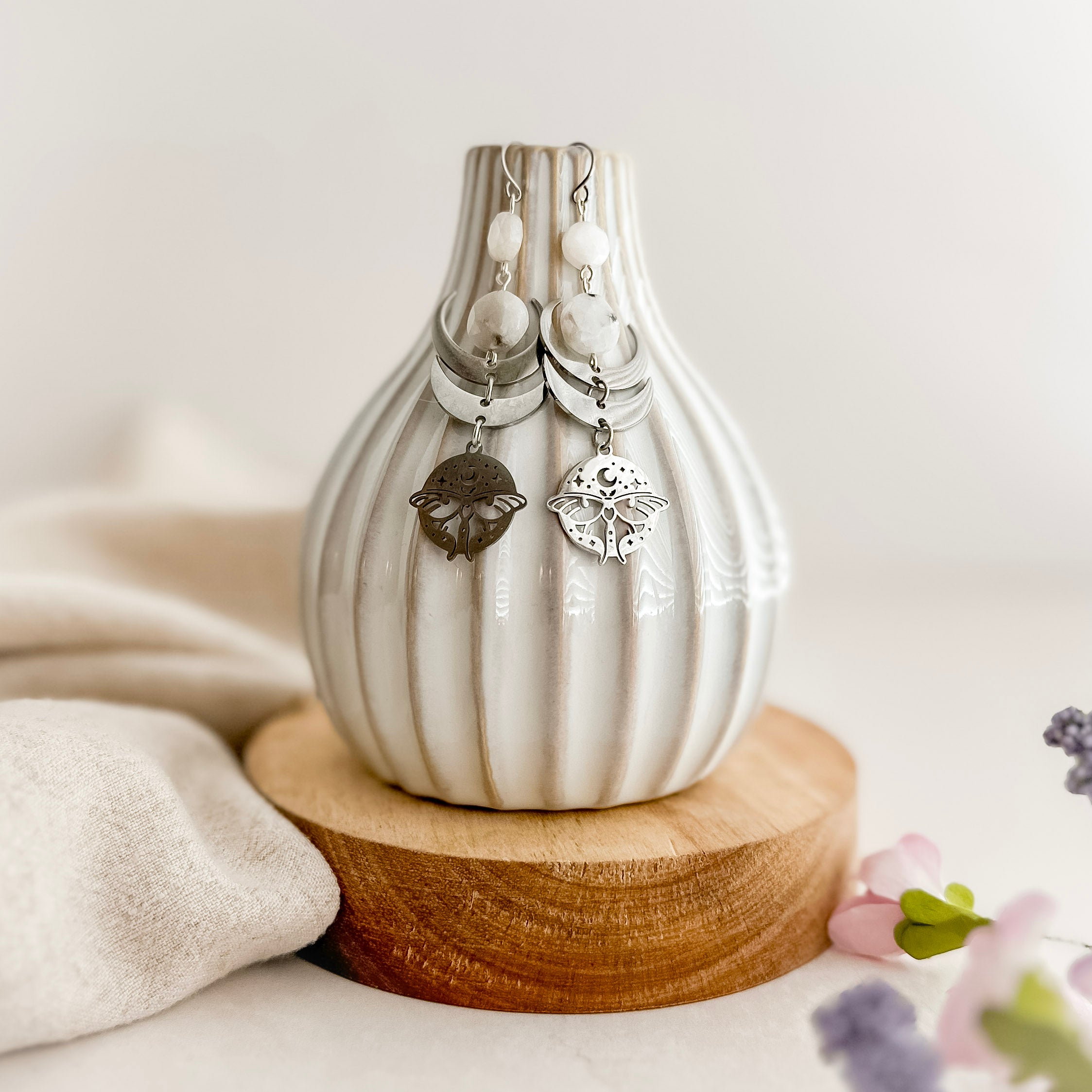 Moonstone Coin Celestial Moth Earrings