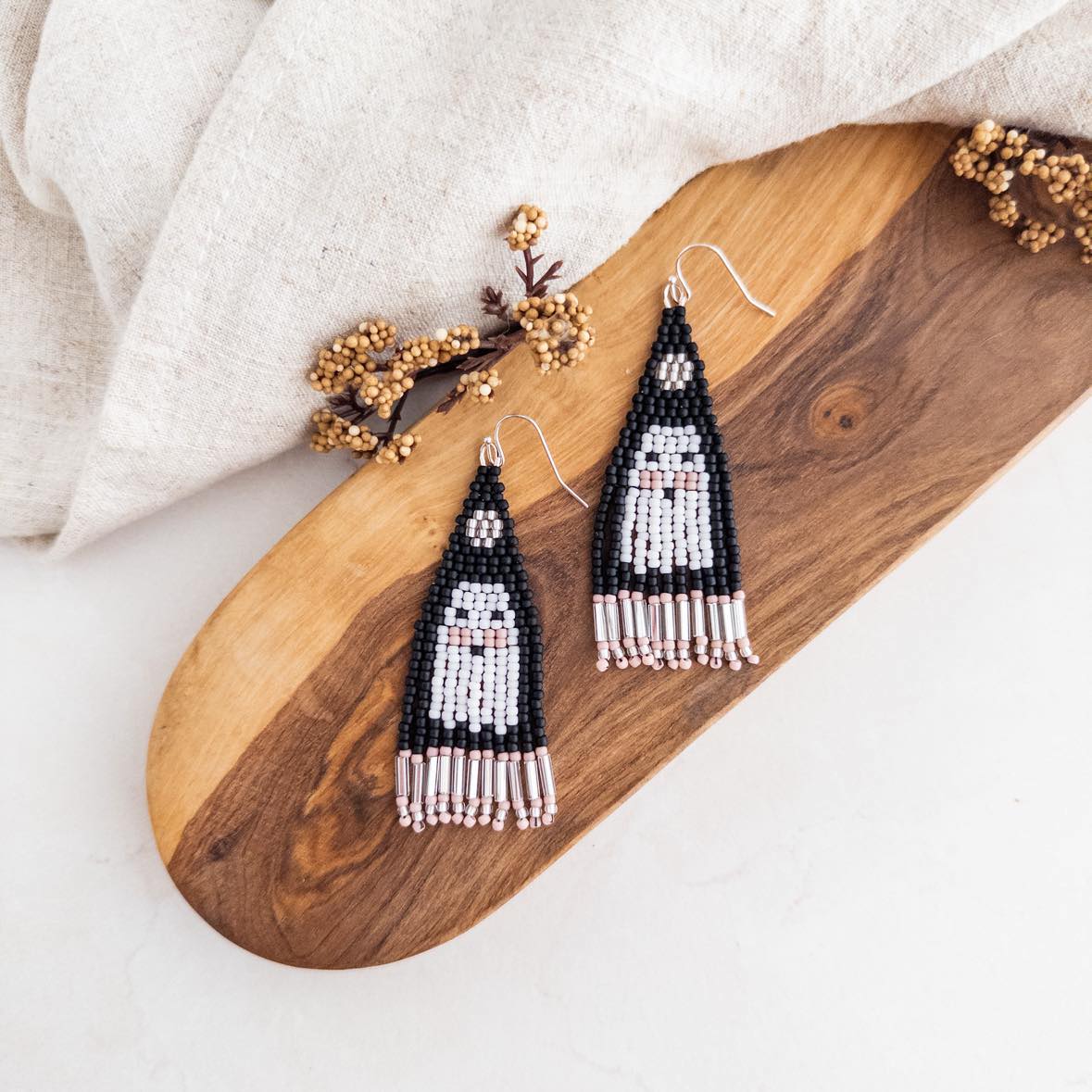 Black & White Large Ghost Beaded Fringe Earrings! - Earrings - Elizabeth Bergesen