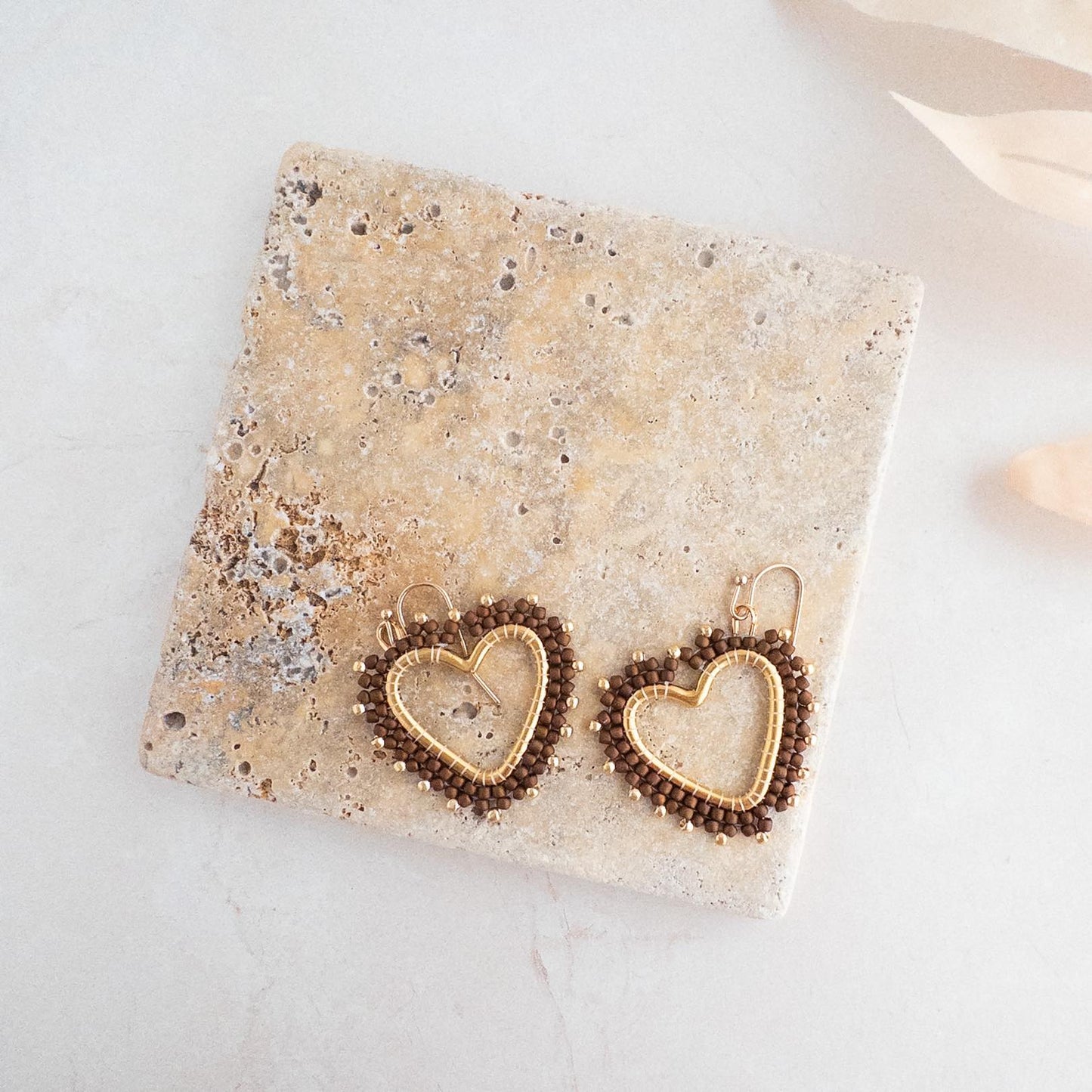 Chocolate Brown and Gold Beaded Heart Earrings - Earrings - Elizabeth Bergesen