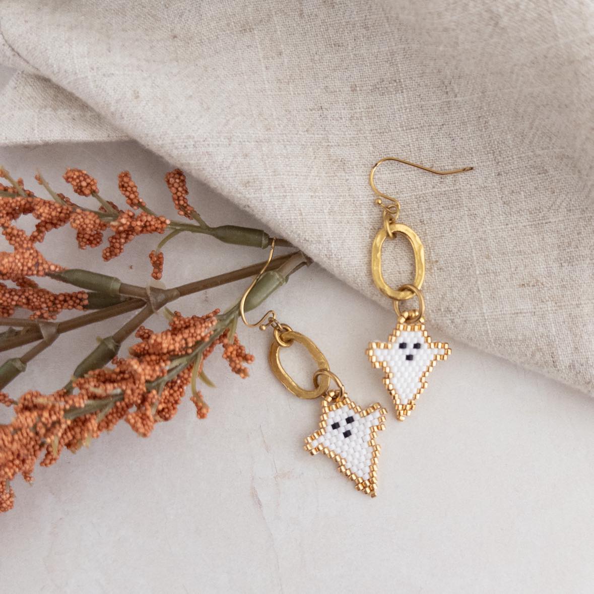 Cute White & Gold Halloween Ghost Charm Earrings! - Earrings - Elizabeth Bergesen