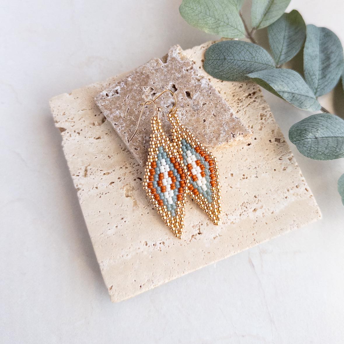 Gold and Rust Pyramid Beaded Earrings - Earrings - Elizabeth Bergesen