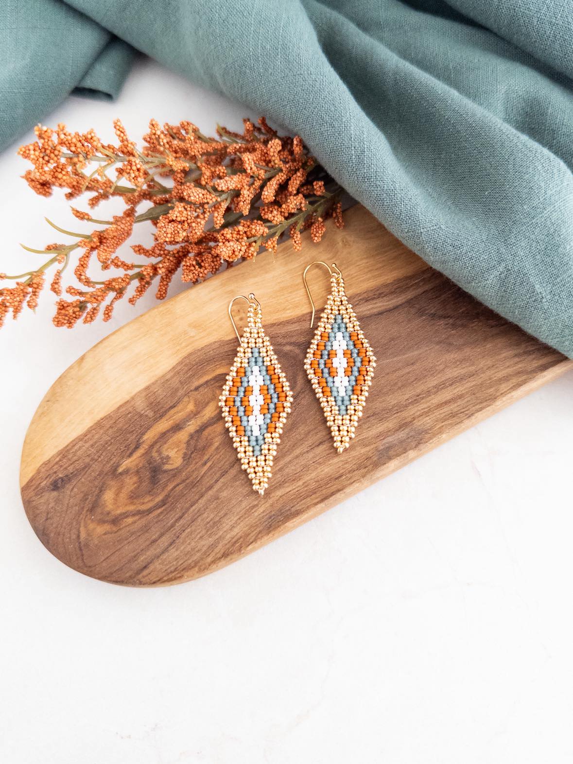 Gold and Rust Pyramid Beaded Earrings - Earrings - Elizabeth Bergesen